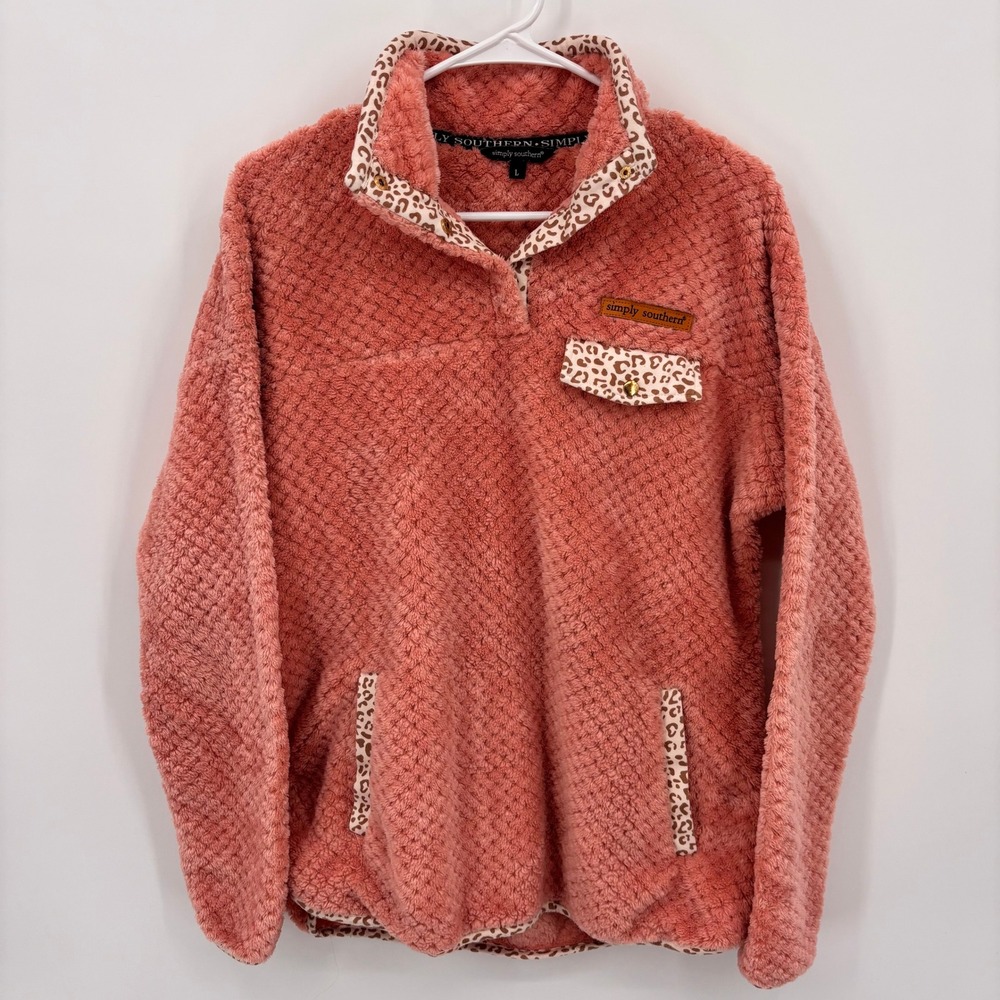 Simply Southern Pullover Women L Coral Pink Excellent Sherpa Leopard Trim Fleece